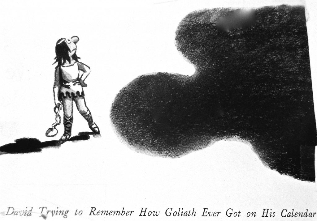 Cartoon David Trying To Remember How Goliath Ever Got On His Calender