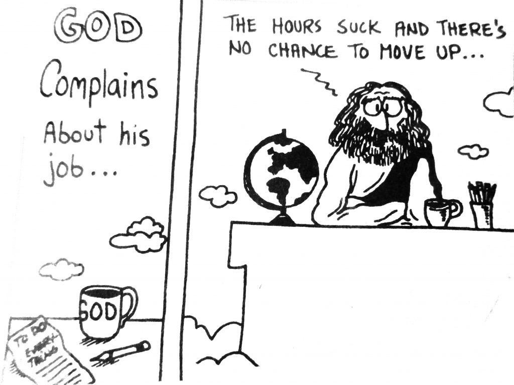 Cartoon God Complains About His Job