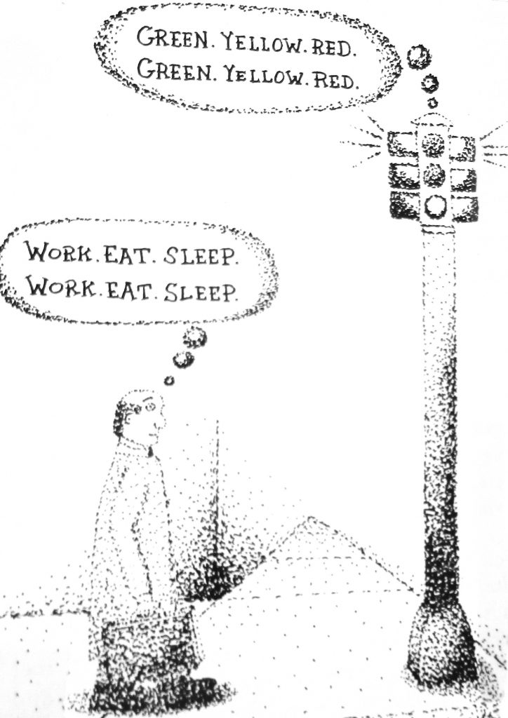 Cartoon Green Yellow Red Work Eat Sleep