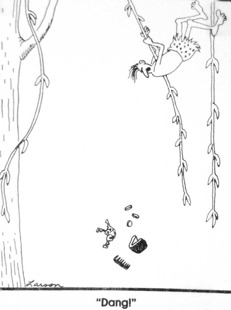 Cartoon Tarzan rethinks his no pocket loin cloth