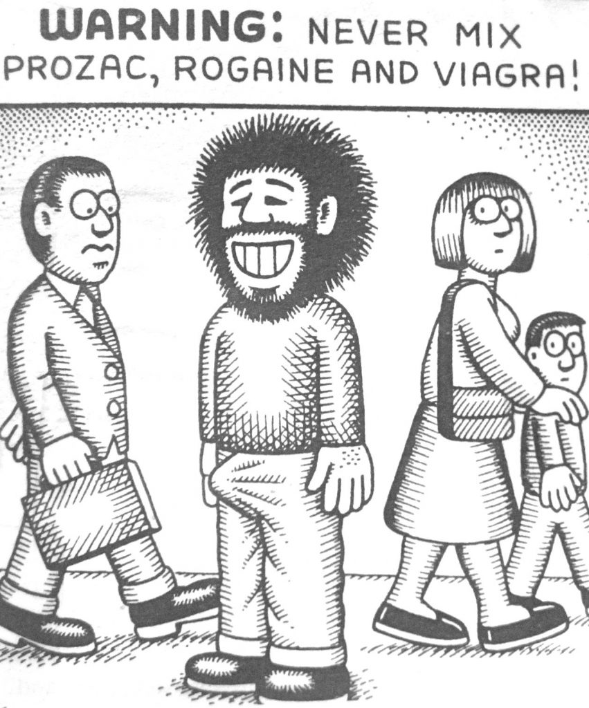 Cartoon Warning Never Mix Prozac Rogaine and Viagra