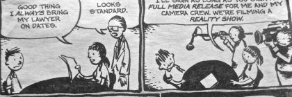 Black-and-white comic strip titled “Before We Go Further,” with speech bubbles about contracts, character assassination, and eating worries.
