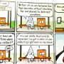 Cartoon – Bus Stop shows orange and white characters on a bus bench under pale green skies, with speech bubbles about phone addiction.