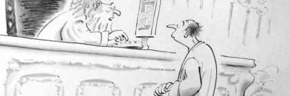 In Cartoon – Afterlife Profiling, a black-and-white comic scene shows a person reading records as a caption warns, “passive-aggressive.”