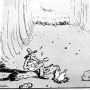 Black-and-white cartoon from “Careful what you wish for,” where a character exclaims “Oh, give me a home, where the buffalo roam…” in a snowy storm.