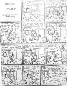 Black-and-white comic panel about “Computer And Efficiency,” where Ernest Hemingway’s typewriter becomes a telephone, promising instant results.