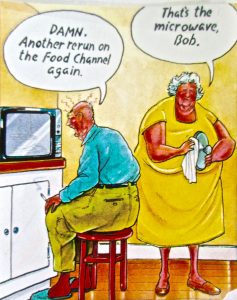 Cartoon seniors at home yelling “DAMN. Another rerun on the Food Channel again” beside Microwave Bob, yellow shirt, blue shirt, microwave.