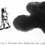 David, clad in armor, stands in a black-and-white cartoon facing a colossal dark silhouette of Goliath, with a chain in his hand and a determined stance.