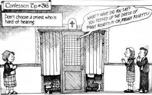 Cartoon panel from Antarctica Journal, Confession Tip #36, featuring Peggy Rosetti near a confessional booth in a black-and-white line drawing with speech bubbles.