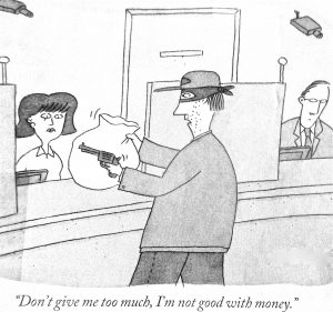 Gray cartoon of a masked thief at a counter, handing over a bag while a cashier looks surprised; caption reads The Honest Thief from Antarctica Journal.