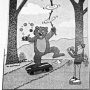 Edgar the bear performs tricks in a grayscale cartoon as a tourist photographs him with rings and a skateboard in a park setting