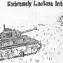Antarctica Journal cartoon titled 'Extremely Lactose Intolerant' in black-and-white depicts a rugged tank with a long barrel rolling across a grassy field while a cow-themed flag waves in the distance.