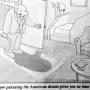 Monochrome cartoon from Antarctica Journal featuring a suited man with a briefcase entering a living room, shadow stretching across the floor, a couch and stairs in the background.