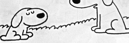Cartoon illustration of two dogs, one sitting and one lying down, with a humorous quote about cuteness.