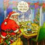 Cartoon of Santa Claus sitting at a table with a message saying 'God, I miss the old days!' and gluten-free cookies.