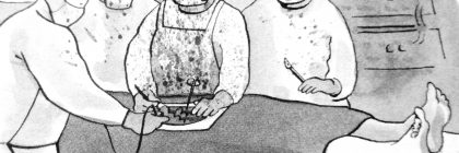 Cartoon depicting surgeons in an operating room with a humorous caption about YouTube.