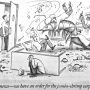 Cartoon depicting chaos in a restaurant with a waiter announcing an order for jumbo shrimp surprise amidst disorder.