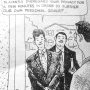 Cartoon depicting two men in suits, one speaking at a door with a humorous message about privacy.