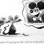Cartoon depicting two mice looking at a framed portrait of Mickey Mouse with a caption questioning his contributions.