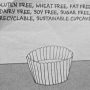 Cartoon illustration of an empty cupcake liner with labels for gluten-free, dairy-free, and sustainable attributes.