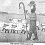 Cartoon of a shepherd with a cane standing among sheep, holding a phone with the caption 'He barely herds anymore.'