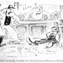 Cartoon illustration depicting a scene with a man on the ground and two others standing nearby, with a speech bubble about perceived threats.