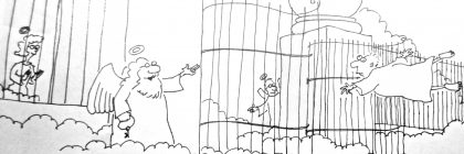 Cartoon depicting a scene with angels and a figure in a heavenly setting, referencing Jersey City.