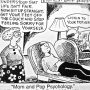Cartoon depicting a woman advising a man to stop feeling sorry for himself and listen to his mother.