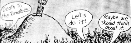 Cartoon depicting a character on a mound addressing a crowd about attacking crops, with speech bubbles expressing enthusiasm and caution.