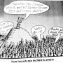 Cartoon depicting a character on a mound addressing a crowd about attacking crops, with speech bubbles expressing enthusiasm and caution.