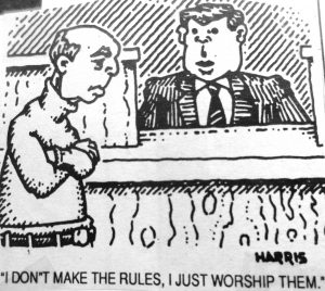 Cartoon depicting a man speaking to a stern-looking official at a counter, expressing his compliance with rules.