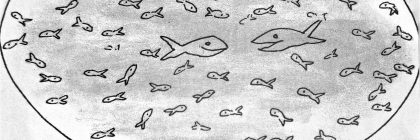 Illustration of a fishbowl filled with various fish, including two larger fish, with a humorous quote about family.