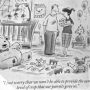 A black and white cartoon depicting a couple discussing parenting concerns in a child's room.