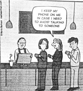 Cartoon depicting three people in a coffee shop, one holding a phone to avoid conversation.