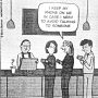 Cartoon depicting three people in a coffee shop, one holding a phone to avoid conversation.