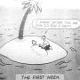Cartoon depicting two characters on a small island with a palm tree, discussing going for a swim.