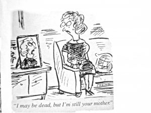 Cartoon illustration of a woman sitting in a chair, looking at her reflection in a mirror with a humorous quote.