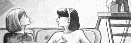 Illustration of two women on a couch observing a boy on a ladder painting the words 'I NEED LOVE' on a wall.