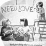 Illustration of two women on a couch observing a boy on a ladder painting the words 'I NEED LOVE' on a wall.