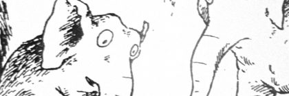 Two cartoon elephants discussing family lineage, one holding a device and referencing the Ark.