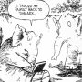 Two cartoon elephants discussing family lineage, one holding a device and referencing the Ark.