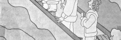 Cartoon depicting people on an escalator with humorous commentary about climbing Everest.