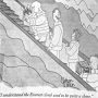 Cartoon depicting people on an escalator with humorous commentary about climbing Everest.