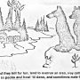 Illustration of two bears sitting near a cabin in a forested area with trees and a river.