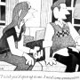 Black and white cartoon depicting a woman and a man sitting on a couch during a conversation.