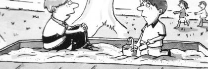 Two boys sitting in a sandbox, one with a bucket and shovel, the other with a toy truck, discussing their priorities.