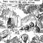 Cartoon depicting a group of monkeys watching a television while sitting near a refrigerator with cold beer.