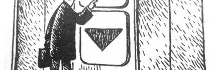 Cartoon depicting a man pointing at elevator buttons with triangles, humorously questioning the invention of eyeglasses.