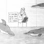 Cartoon depicting a scientist observing dolphins with a sign asking for communication feedback.