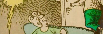 Cartoon illustration depicting a woman on a couch and a man heading towards a door with speech bubbles about advertising.